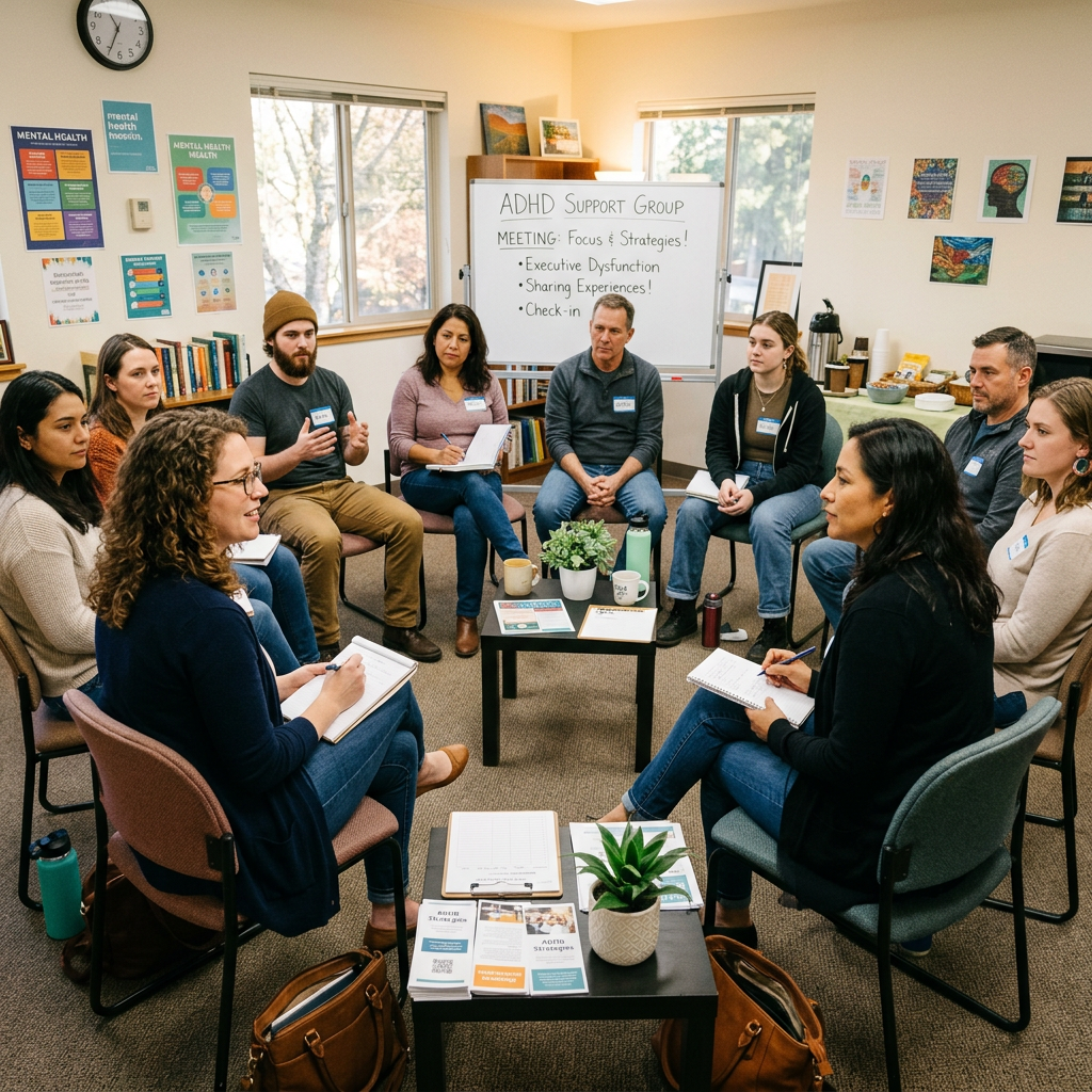 Group of people sitting in a circle during ADHD support group meeting with a whiteboard