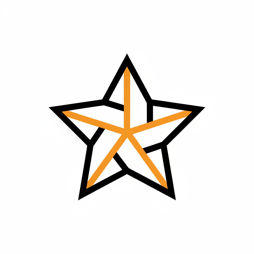 Minimalist geometric star icon. Bold black outline of a star shape on white background, with orange geometric angular shapes and bold lines as accent detail. Clean, modern, no colour except black, white, and orange. Flat graphic design style, not a cartoon.